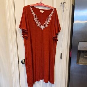 Max Studio Rust Midi Dress with White Lace Trim